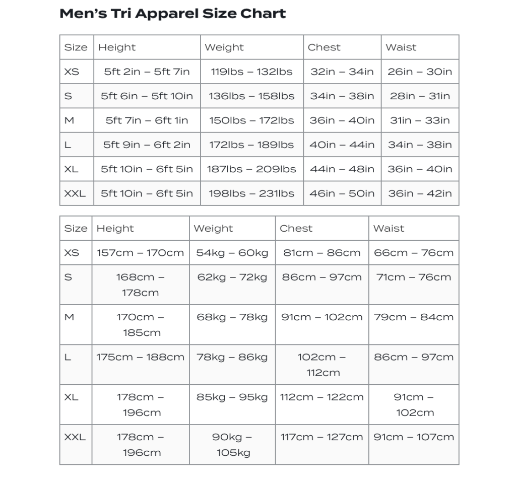 zone 3 sizing chart tri apparel men – uw duursportwinkel